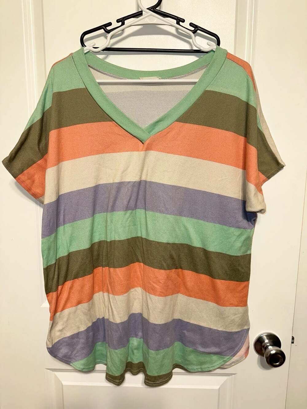 BOMBOM Multi-Color Striped Short Sleeve V-Neck Tunic Top